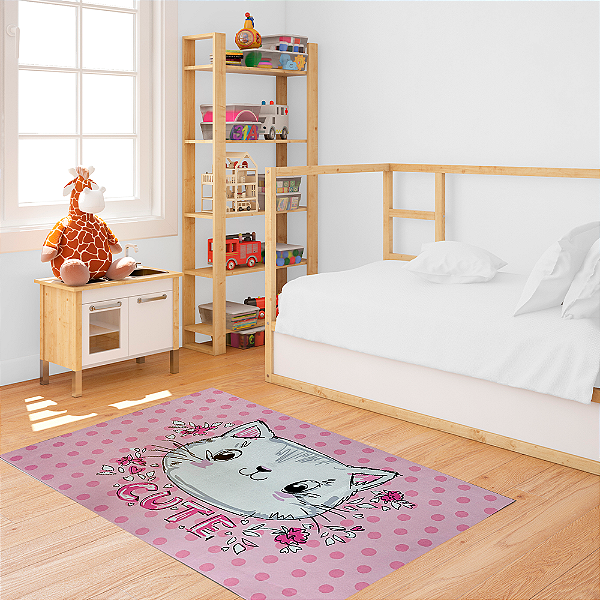 Tapete Infantil de Atividades para Quarto 100cm x 140cm Antiderrapante Gatinho Rosa