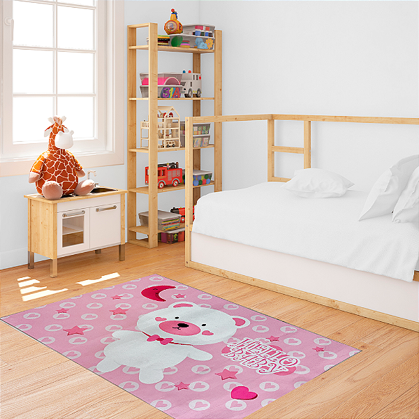 Tapete Infantil de Atividades para Quarto 100cm x 140cm Antiderrapante Ursinho Rosa