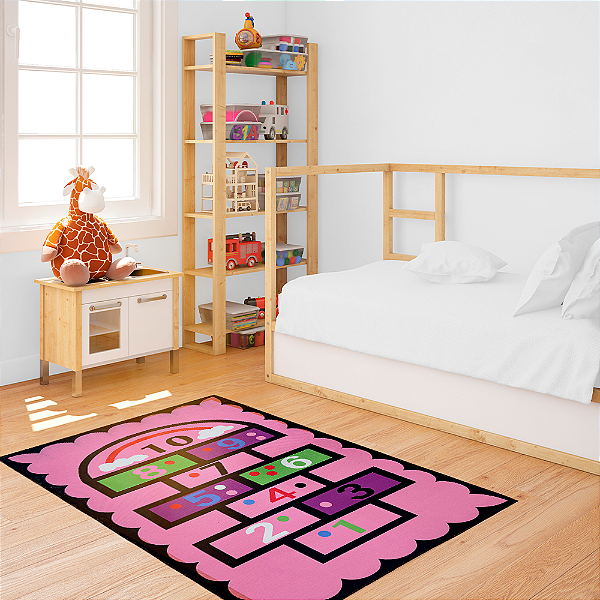 Tapete Infantil de Atividades para Quarto 100cm x 140cm Antiderrapante Amarelinha Rosa