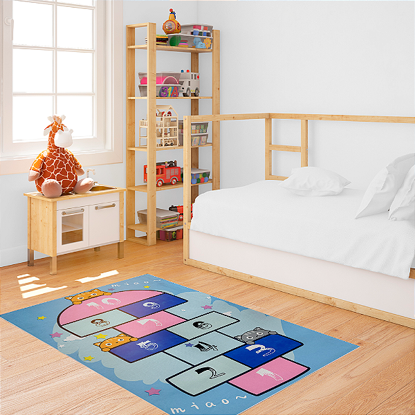 Tapete Infantil de Atividades para Quarto 100cm x 140cm Antiderrapante Amarelinha Gatinho