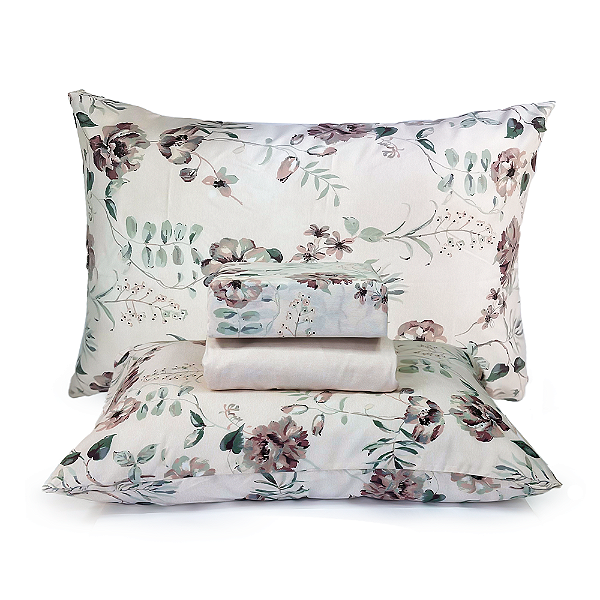 Jogo de Cama Lençol Casal Percal 200 fios Estampado Floral Rosa Microtec 04 Peças Toque Macio