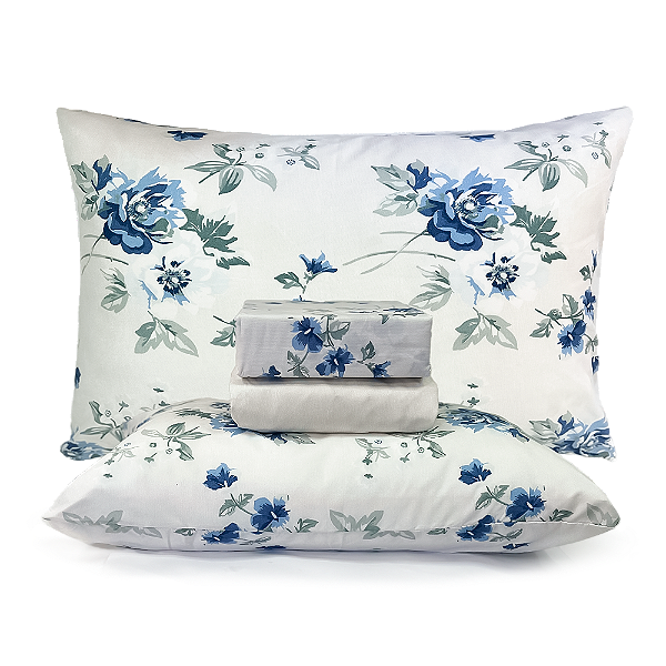 Jogo de Cama Lençol Casal Percal 200 fios Estampado Floral Azul Microtec 04 Peças Toque Macio