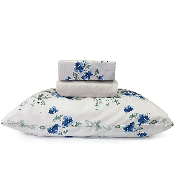 Jogo de Cama Lençol Solteiro Percal 200 fios Estampado Floral Azul  Microtec 03 Peças Toque Macio