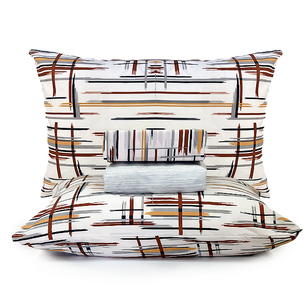 Jogo de Cama Lençol Queen Percal 200 Fios Estampado Listras Vermelho  Microtec 04 Peças Toque Macio
