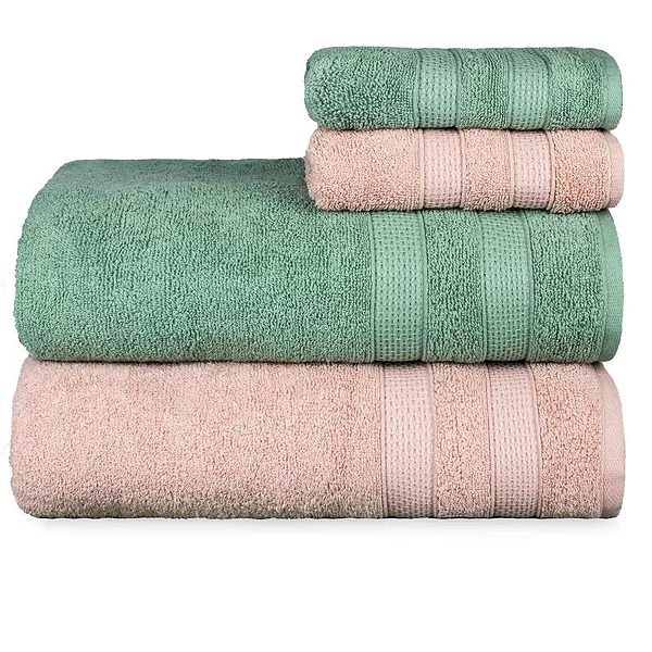 Jogo Toalhas de Banho e Rosto Comfort 100% Algodão 423g/m² Toque Suave e Absorvente Rosa e Verde