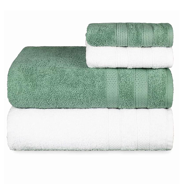 Jogo Toalhas de Banho e Rosto Comfort 100% Algodão 423g/m² Toque Suave e Absorvente Branco e Verde