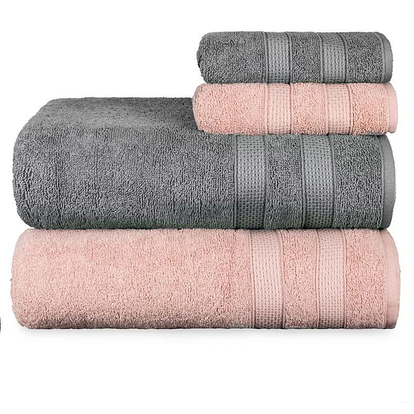 Jogo Toalhas de Banho e Rosto Comfort 100% Algodão 423g/m² Toque Suave e Absorvente Cinza e Rosa