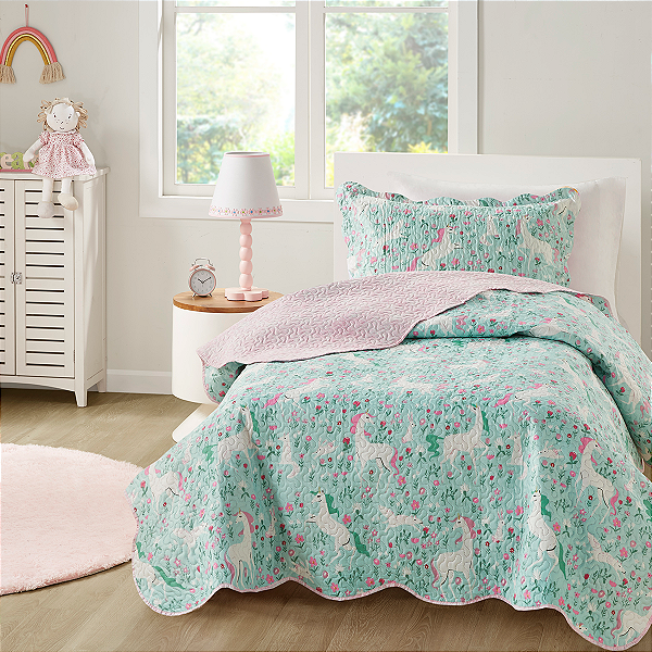 Kit Cobre Leito Colcha Studio Mix Solteiro 2 Peças Micropercal 150 Fios Unicórnio Infantil