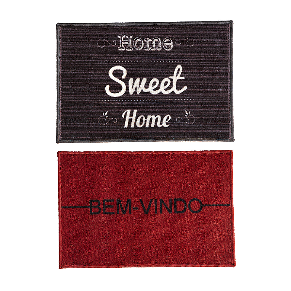 Kit 2 Tapetes Capacho Antiderrapante Porta Entrada 40x60 Cm Bem Vindo Emborrachado Vermelho e Cinza Escuro