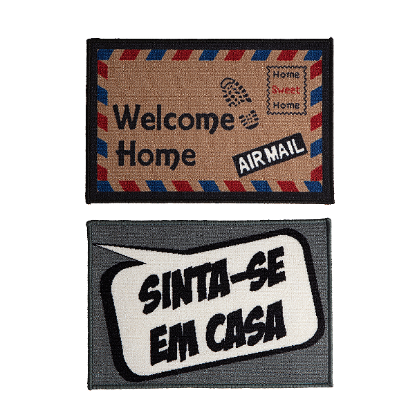Kit 2 Tapetes Capacho Antiderrapante Porta Entrada 40x60 Cm Bem Vindo Emborrachado Cinza e Welcome