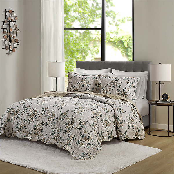 Kit Colcha Cobre Leito Boutis Casal 3 Peças Microfibra Estampado Floral Verde Dupla Face