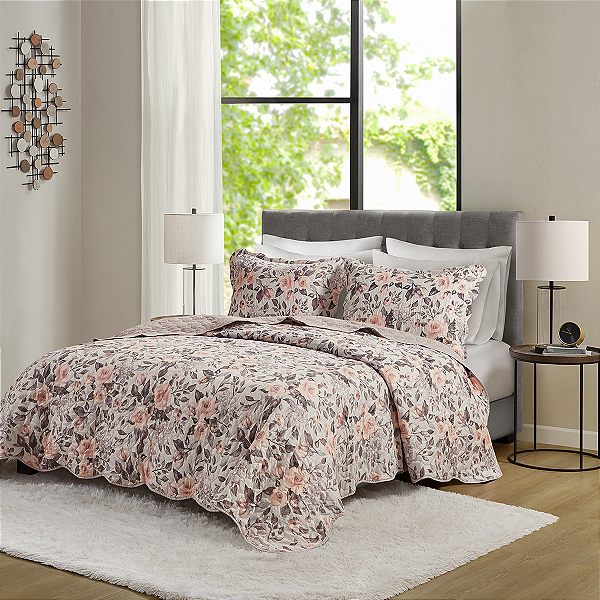 Kit Colcha Cobre Leito Boutis Queen 3 Peças Microfibra Estampado Floral Rosa Dupla Face