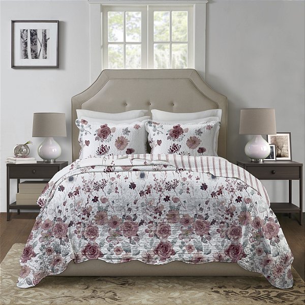Kit Colcha Cobre Leito Queen Boutis Estampa Floratta Delicada Vinho Dupla Face 2,40 X 2,60