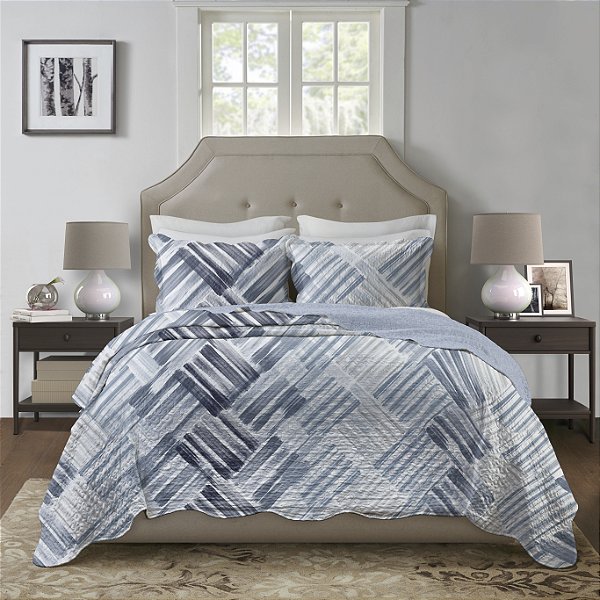 Kit Colcha Cobre Leito Queen Boutis Estampa Arte Linear Azul Dupla Face 2,40 X 2,60