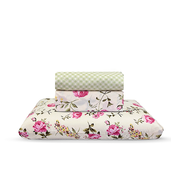 Jogo de Cama Lençol Solteiro Microtec 03 Peças Percal 200 Fios Estampado Floral Rosa e Marfim Toque Macio
