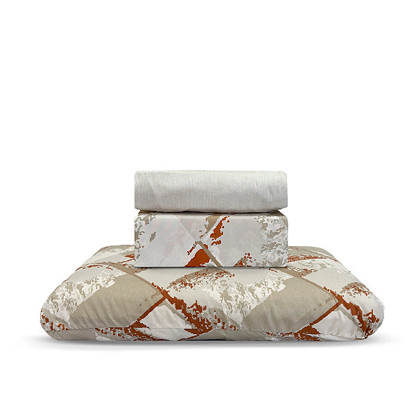 Jogo de Cama Lençol Solteiro Microtec 03 Peças Percal 200 Fios Estampado Losango Terracota Toque Macio