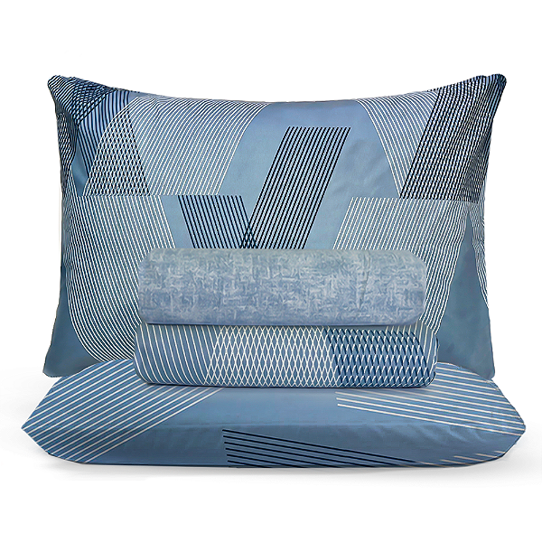 Jogo de Cama Lençol Casal Percal 200 fios Estampado Geométricas Azul Microtec 04 Peças Toque Macio
