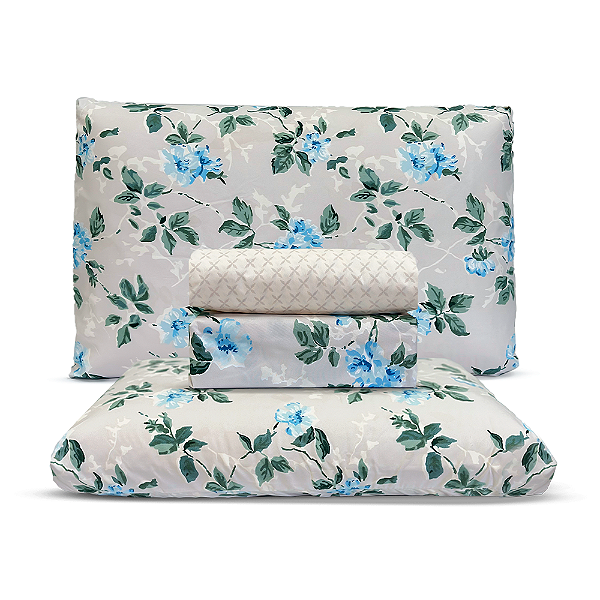 Jogo de Cama Lençol Queen Percal 200 Fios Estampado Floral Azul e Cinza Microtec 04 Peças Toque Macio