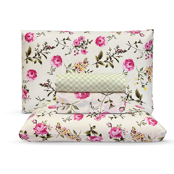 Jogo de Cama Lençol Queen Percal 200 Fios Estampado Floral Rosa e Marfim Microtec 04 Peças Toque Macio