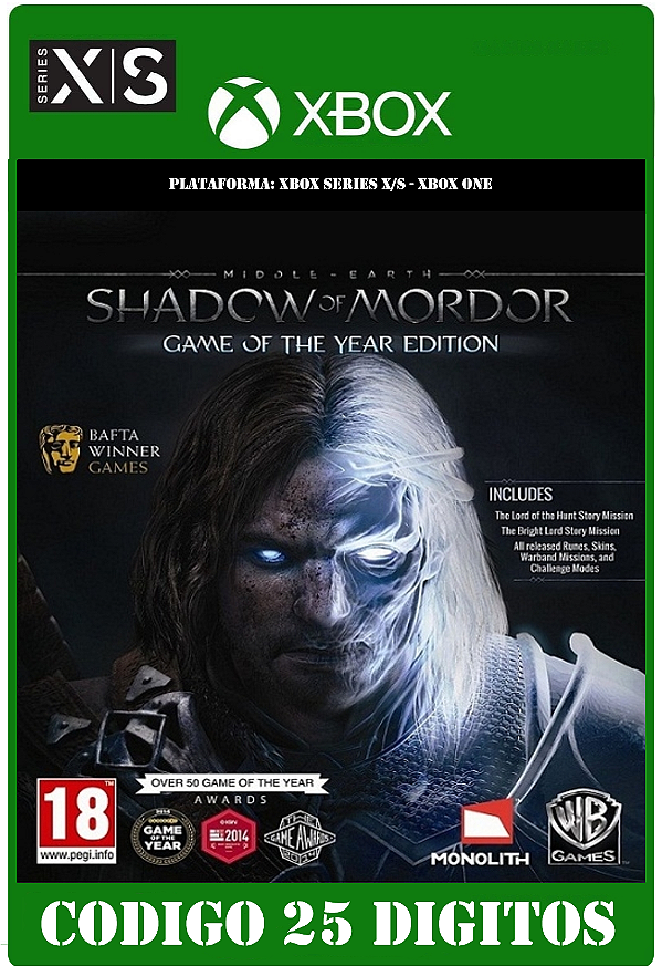 Middle-earth Shadow of Mordor GOTY - Xbox One / Series X|S (Código 25 Dígitos) Mídia Digital
