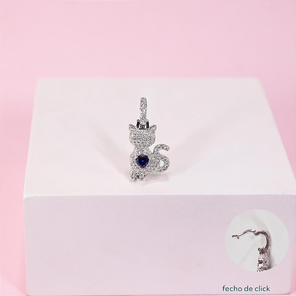 Pingente Pet Cravejado Gato no Ródio