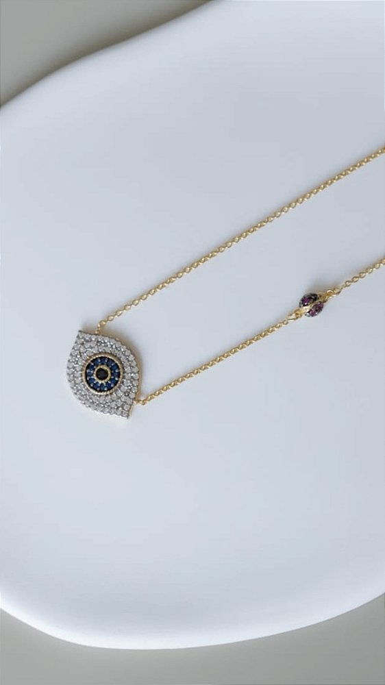 Colar Olho Grego Cravejado com Mini Joaninha