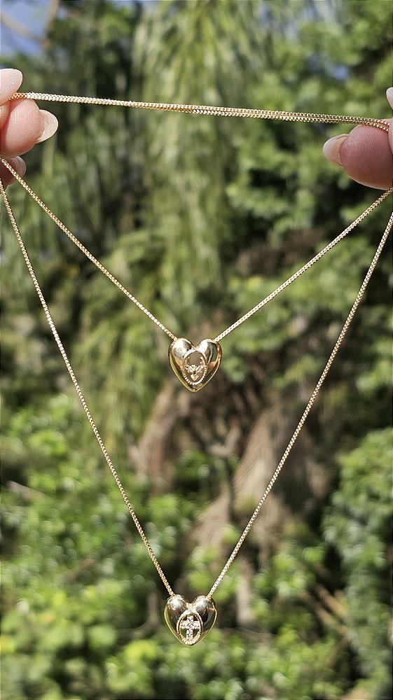 Colar Escapulário Coração Espirito Santo e Cruz