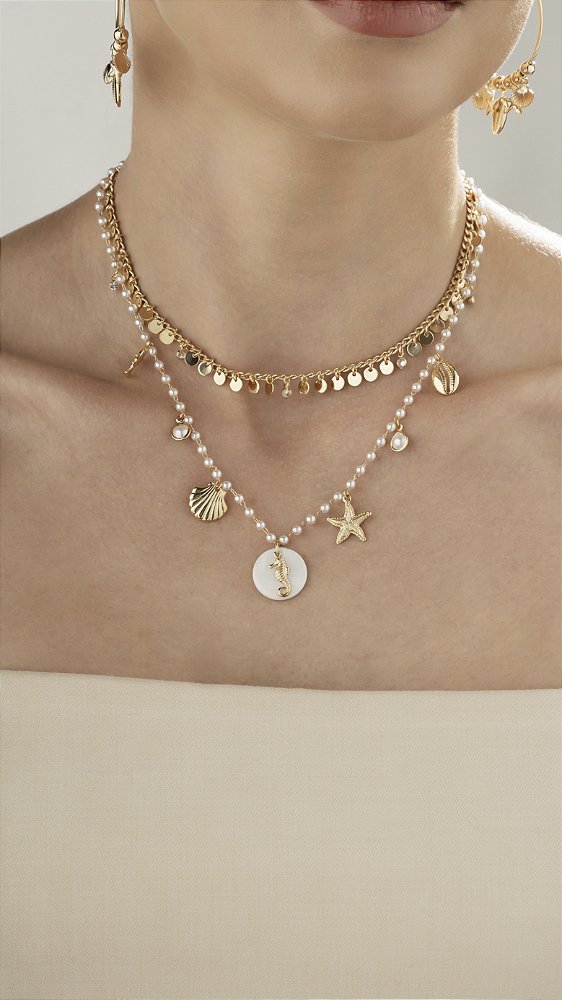 Colar de Perolinhas e Pingentes Mar