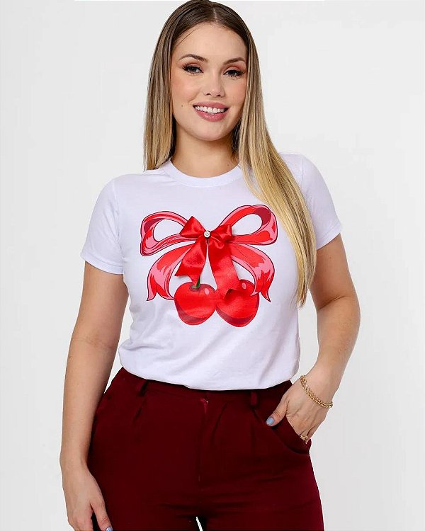 T-shirt - Cherry Com laço de Aplicação