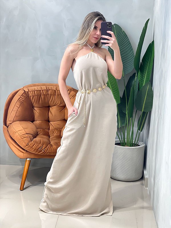 Vestido Longo em Crepe com Fenda e Amarração Adrieli
