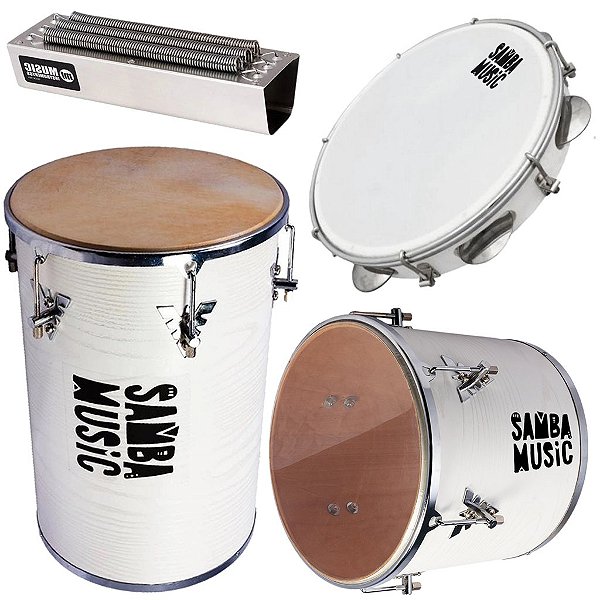 Kit Percussão Samba Music Branco PHX Rebolo Repique Reco-Reco e Pandeiro