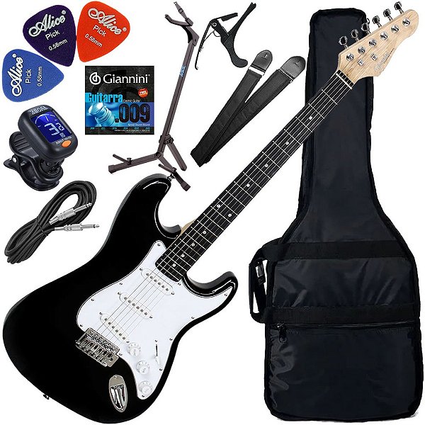 Kit Guitarra Elétrica Stratocaster Giannini G100 BK/WH Preto Gx02