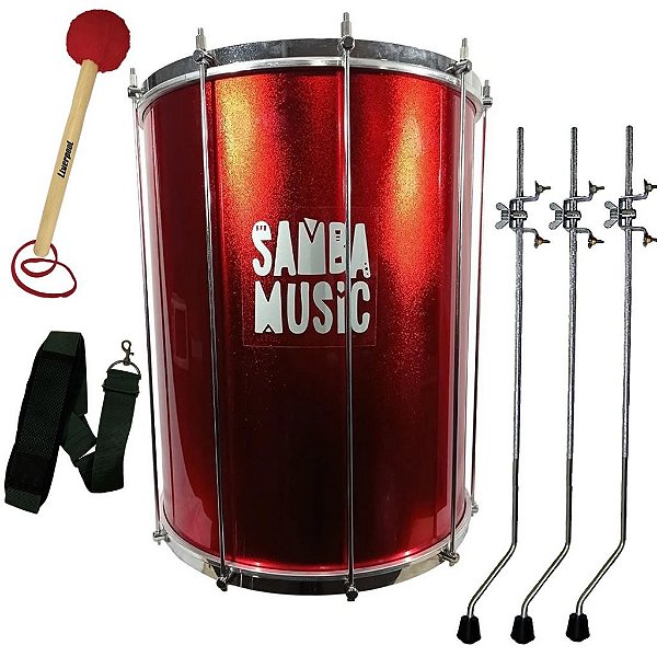 Kit Surdo Madeira Samba Music 60x20 Vermelho Pele Animal C/ Tripé