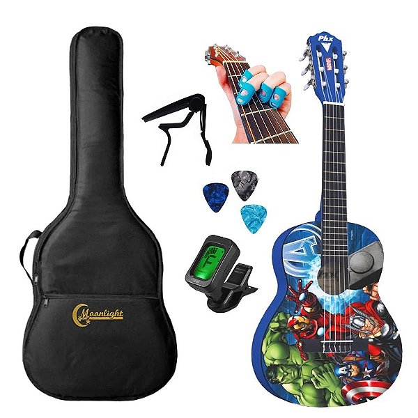 Kit Violão Infantil PHX Marvel Avengers VIM-A1 Tamanho 1/2 C/ Afinador, Capotraste, Capa, Palhetas e Protetores de Dedos