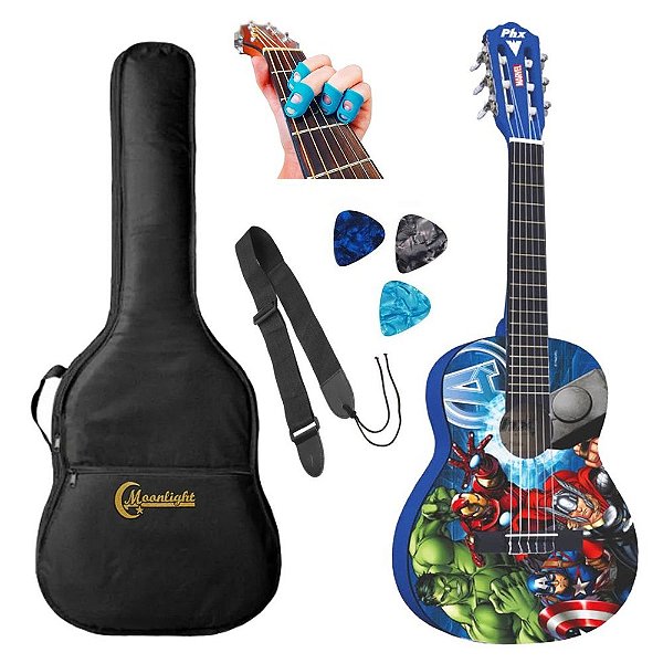Kit Violão phx Marvel Avengers VIM-A1 Tamanho Infantil 1/2 Com Correia, Protetores de Dedos, Capa e Palhetas