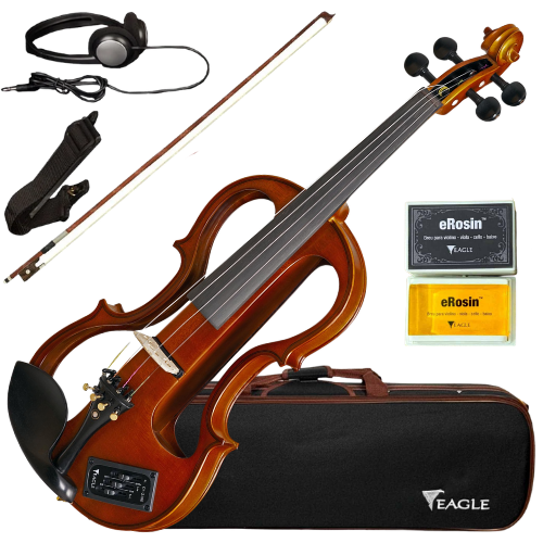 Violino Elétrico Eagle EV-744 4/4 com Captador Piezo Equalizador 2 Bandas Arco Breu Espaleira Estojo e Fone