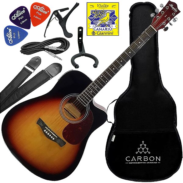 Kit Violão Elétrico Folk Aço Memphis Md18 Sunburst Vx02