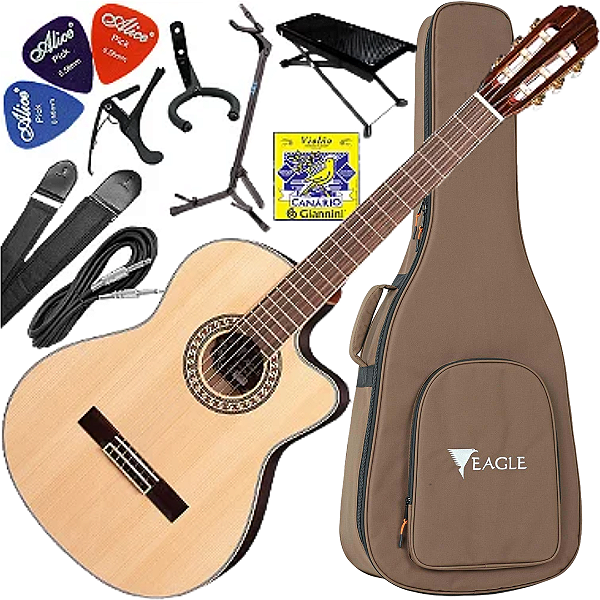 Kit Violão Eletroacústico Eagle Emn880c Nylon Clássico Cutaway Vx03