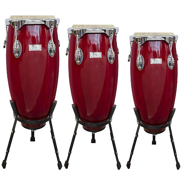 Trio de Congas New York 10” 11” e 12” Vermelha com Suporte