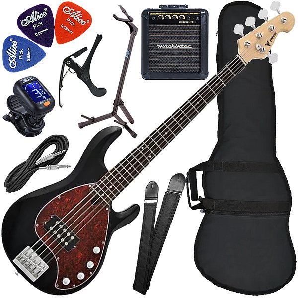 Kit Contrabaixo Elétrico PHX MSR-5 BK Five 5 Cordas Preto Bx03
