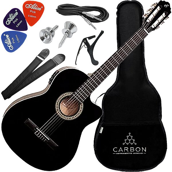 Kit Violão Flat Giannini Eletroacústico NF-14 Ceq Bk Nylon Cutaway Preto