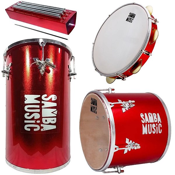 Kit Percussão Samba Music Vermelho PHX Rebolo Repique Reco-Reco e Pandeiro