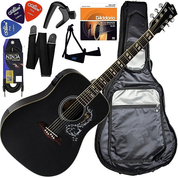 Kit Violão Elétrico Folk Michael VM925DT BK Galaxy Preto Vx10