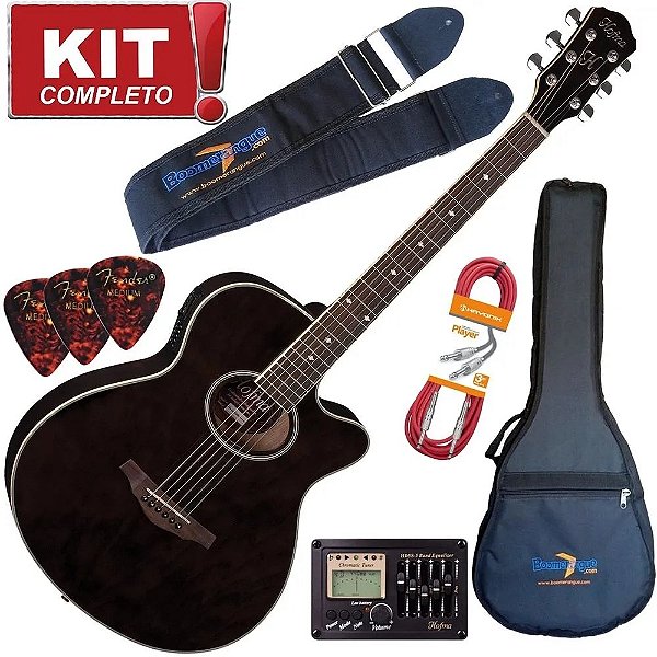 Kit Violão Elétrico Aço Hofma Hm239 Trbk Preto Mini Jumbo Completo