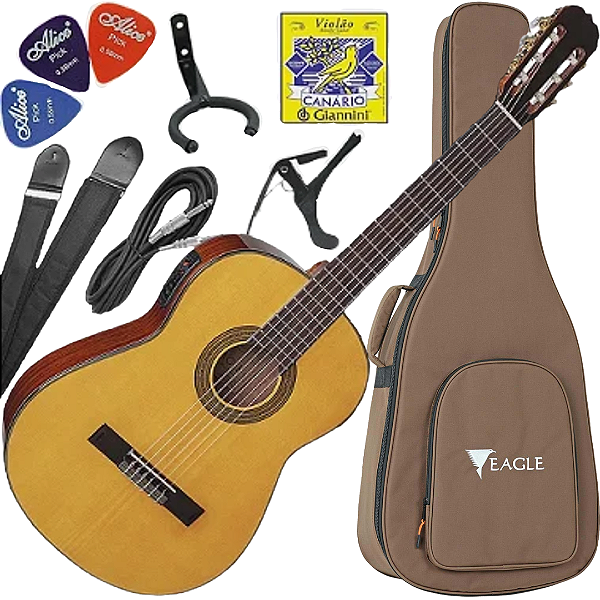 Kit Violão Elétrico Eagle DH69T Nylon Natural Brilhante Vx02