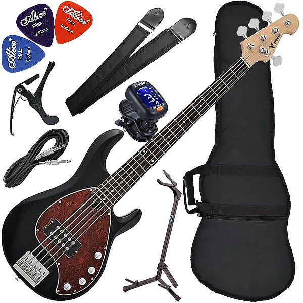 Kit Contrabaixo Elétrico Phx Msr-5 Bk Five 5 Cordas Preto