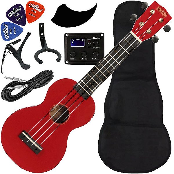 Kit Ukulele Soprano Elétrico Ativo Mahalo Mr1 Eq Vermelho cordas Aquila MR1-RD Ux03