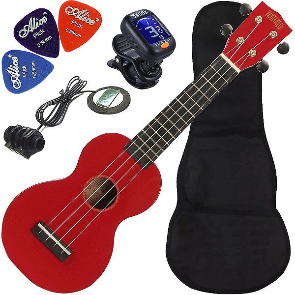 Kit Ukulele Soprano Elétrico Mahalo Mr1 Vermelho Cordas Aquila MR1-RD Ux04