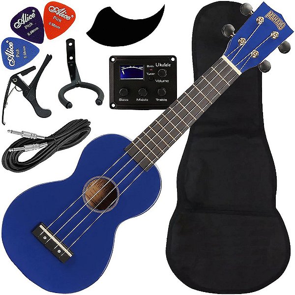 Kit Ukulele Soprano Elétrico Ativo Mahalo Mr1 Eq Azul Cordas Aquila MR1-BU Ux03