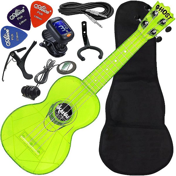 Kit Ukulele Akahai Ghost Soprano Elétrico Hawaii Lemon Transparente Ux02